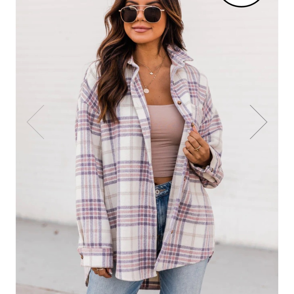 Pink Lily In Dreamland White/Purple Plaid Shacket M